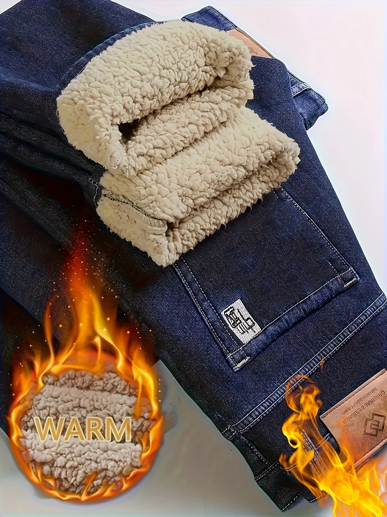 2026Winter Thermal Fleece Stretch Jeans Mens Business Casual Brand Fleece Pants Men Straight Flocking Thick Trousers Blue Black