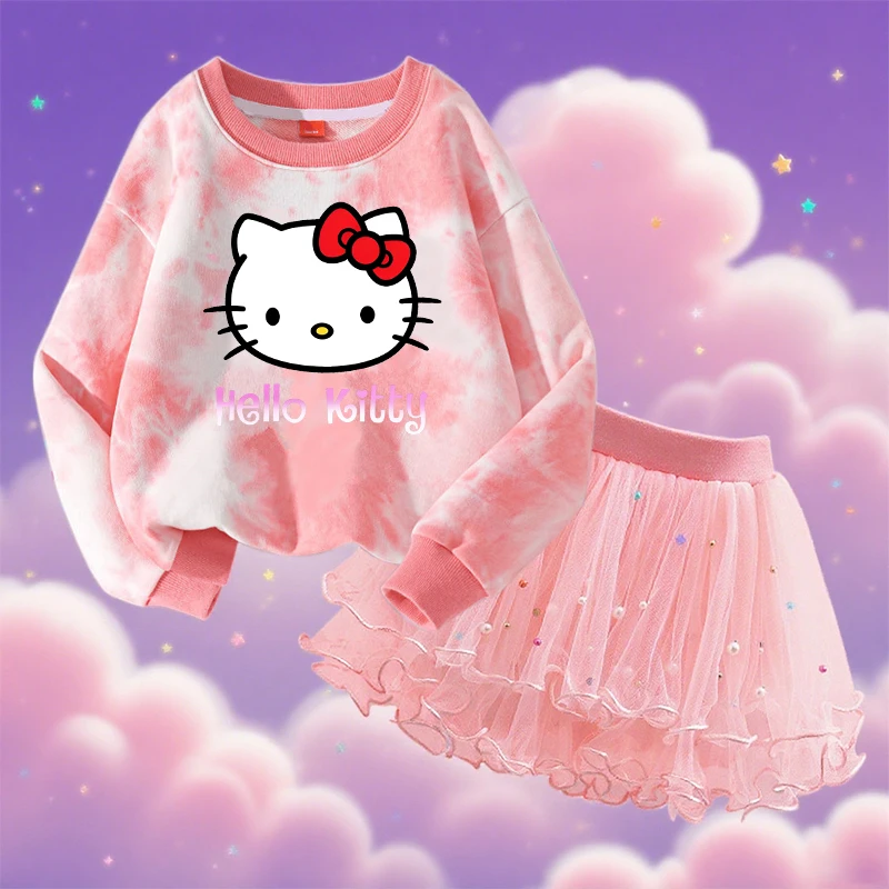 Olá kitty menina vestido camiseta tutu saia 2 pc/set roupa vestido terno festa de aniversário traje criança manga comprida topos roupas outono