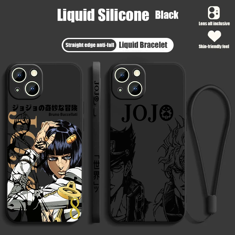 JOJO Anime carino per Apple iPhone 15 14 13 12 11 XS XR X 8 7 Pro Max Plus Mini custodia per telefono con corda sinistra liquida