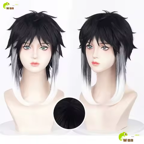 Ryunosuke Akutagawa Cosplay Wig 35cm Black White Mixed Wig For Men Women Cosplay Anime Cosplay Wig Heat Resistant Synthetic Hair