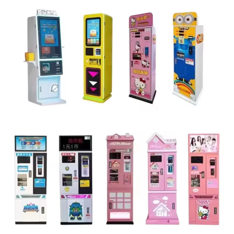 Automatic currency exchange, vending machine, slot game machine with self-service token distribution, for amusement parks
