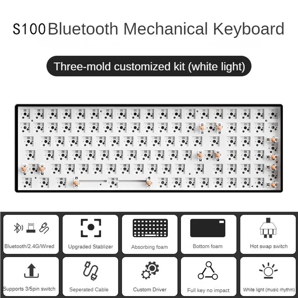 （White Light) Mathew Tech S100 Three Mode Mechanical Keyboard Barebone 100 Keys 98% Layout Hot Swap Gaming Keyboard DIY Kit