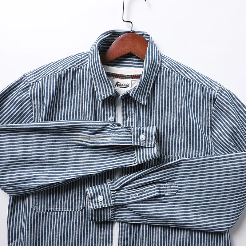 

Мужская рубашка Kakie в японском ретро-стиле из выстиранного хлопка в полоску с длинным рукавом, прозрачный стиль, верхняя одежда, весенняя мода, молодежный стандартный крой