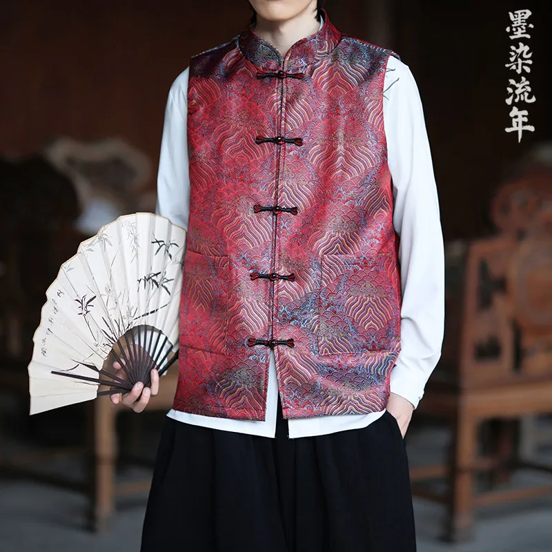 Men Wine Red Jacquard Geometric Wave Pattern Vest Brass-Colored Frog Buttons Two Pockets Streetwear Oversized Casual Tops Male