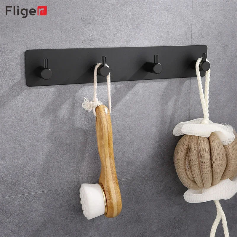 Fliger Stainless Steel Coat Hook Black Wall Hook Kicthen Bathroom Accessories Hanging Hooks Self Adhesive Rack