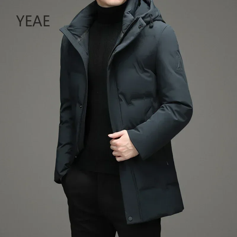 YEAE Mid-length Down Jacket Men's 2024 New Winter Thickened Solid Color Hooded Men's Jacket Men's Coat Cold Protection