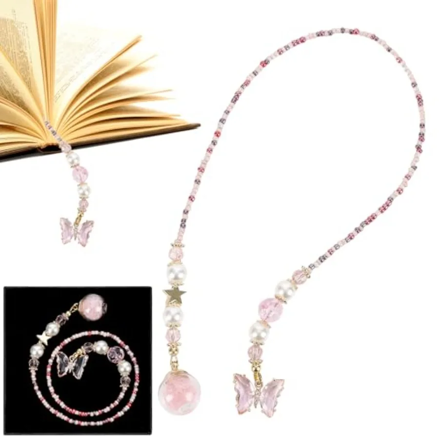 

Fantasy Bookmark Gifts - Pink Cute Aesthetic Beaded Bookmarks for Women Girls Book Lovers Crystal Bead Chain Page Marks School