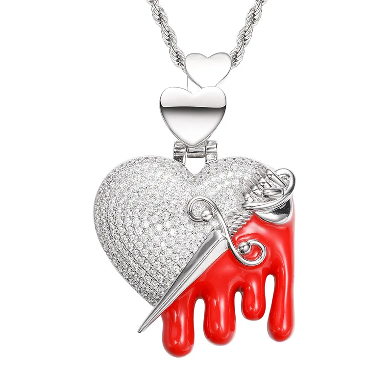 

Hip Hop 5A+ CZ Stone Paved Bling Iced Out Heart Stabbed by Dagger Luminous Pendants Necklace for Men Rapper Jewelry Gift