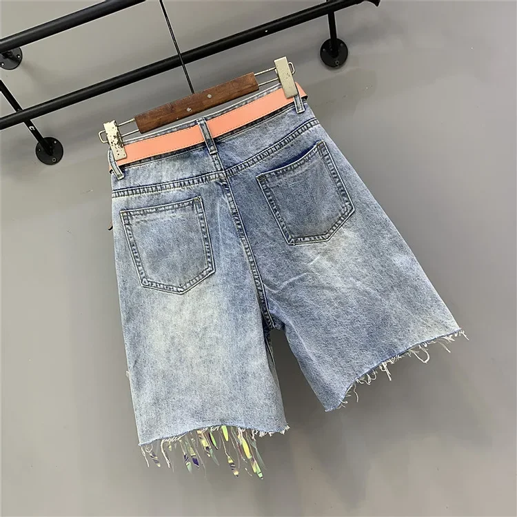 Fashion Beaded Sequined High Waist Loose Denim Shorts Women 2024 Summer Beauty Print Holes Knee Length Streetwear Pants Tide