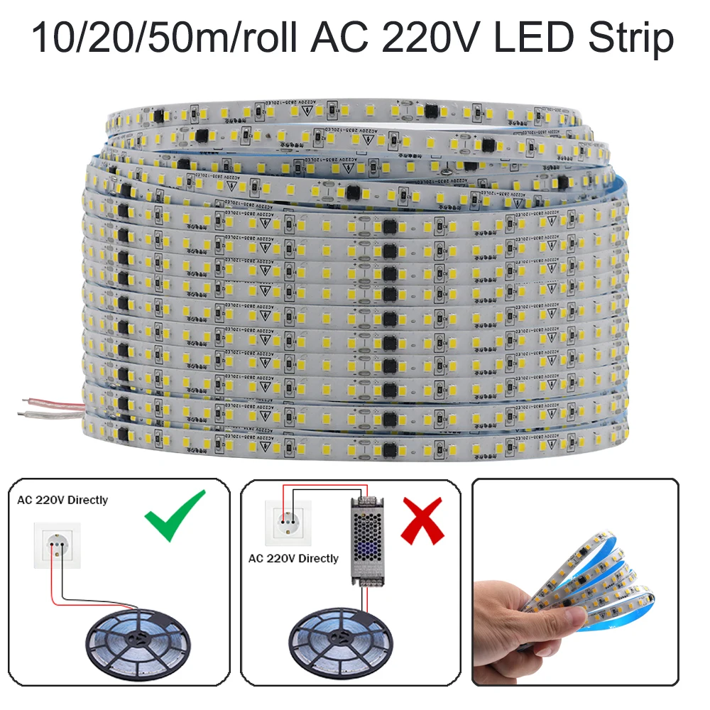 

220V 2835 LED Strip Light High Brightness 5m 10m 20m 50m 120leds Waterproof Flexible LED Tape Soft Lamp LED Bar Connnect to 220V