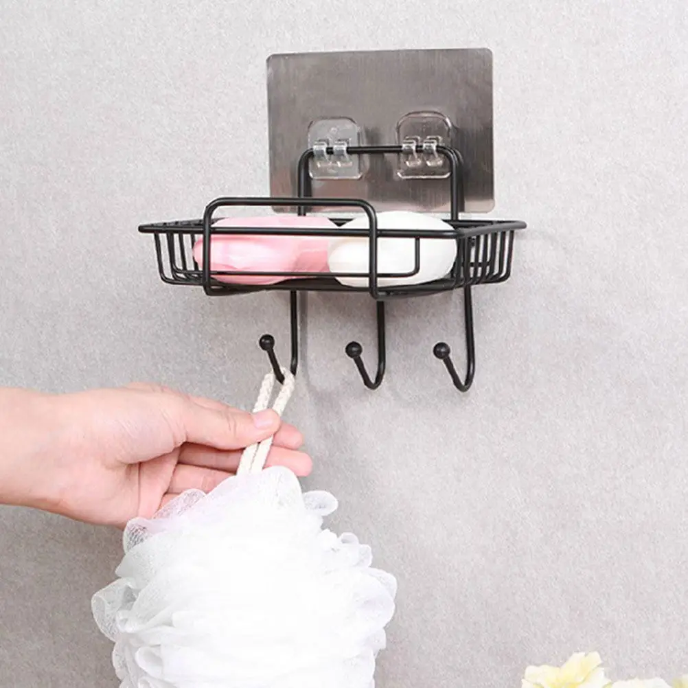 

1Pcs Black Wall-Mounted Soap Storage Rack Iron Draining Stand with Hanging Hook for Kitchen Bathroom Soap Holder Rustproof