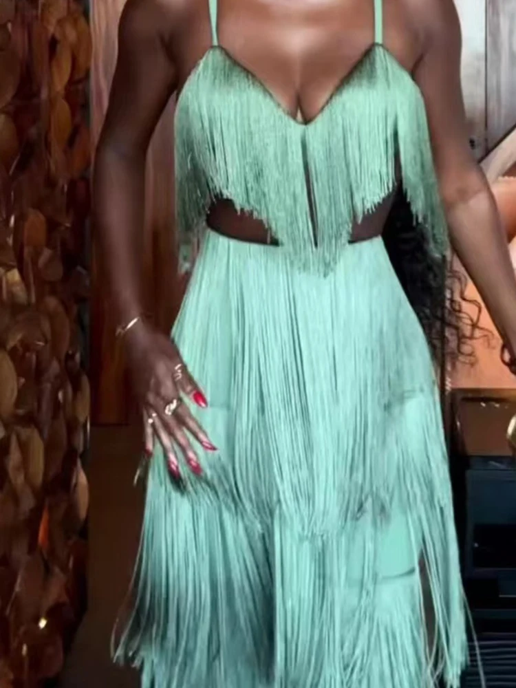 

Sexy V-neck Tassel Halter Vest&Pants Set Trendy Design Style Pure Color Streetwear Elegant Sleeveless Hollow Out Commute 2pc Set