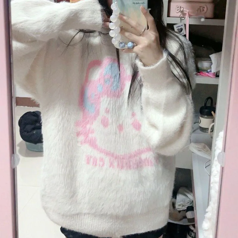 日本のハローキティセーターアニメサンリオかわいい長袖女の子トップスルーズOネックニットセーター秋冬ニットウェア