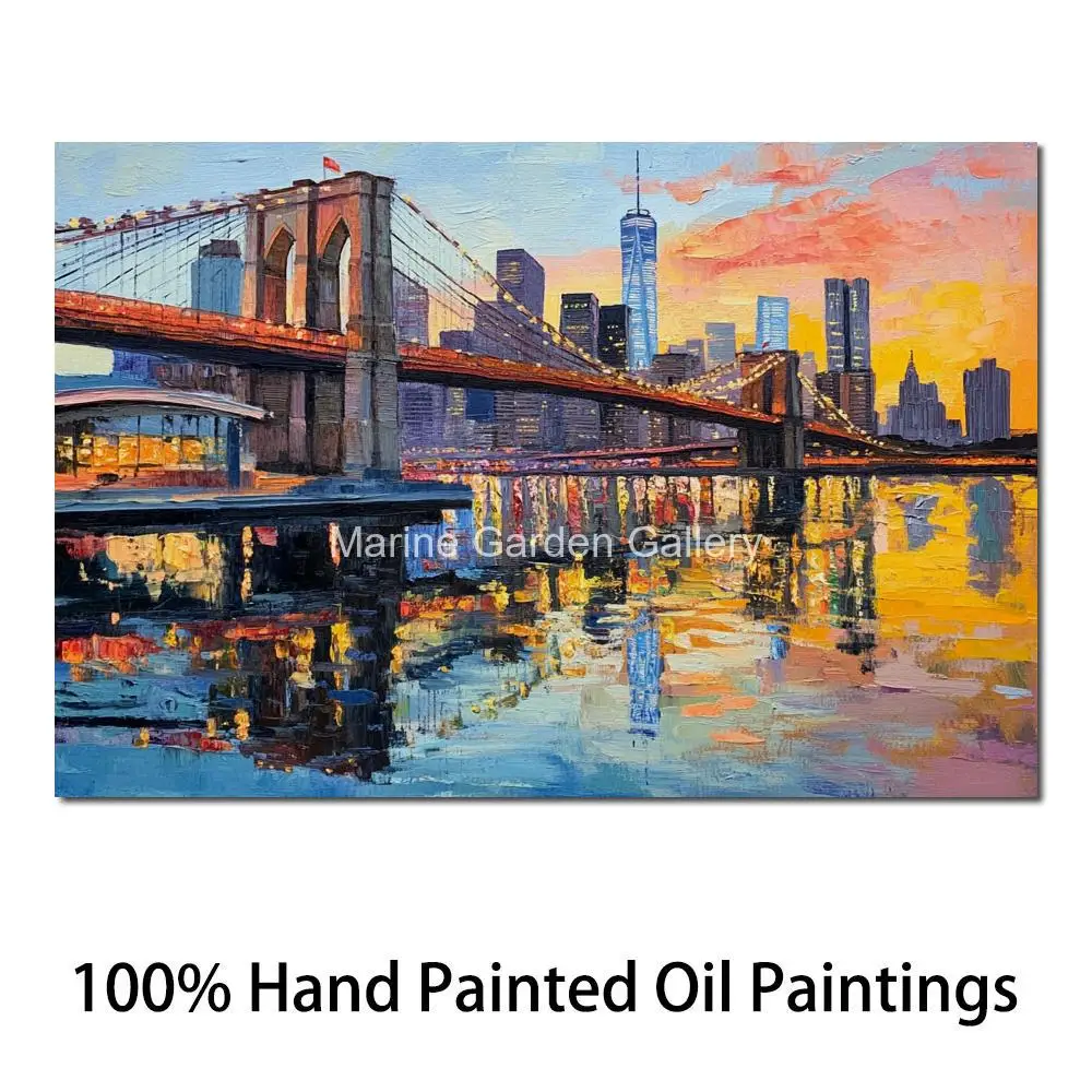 

Textured Abstract Canvas Art Contemporary Painting Hand Painted Wall Picture Brooklyn Bridge Sunset Modern Living Room Decor