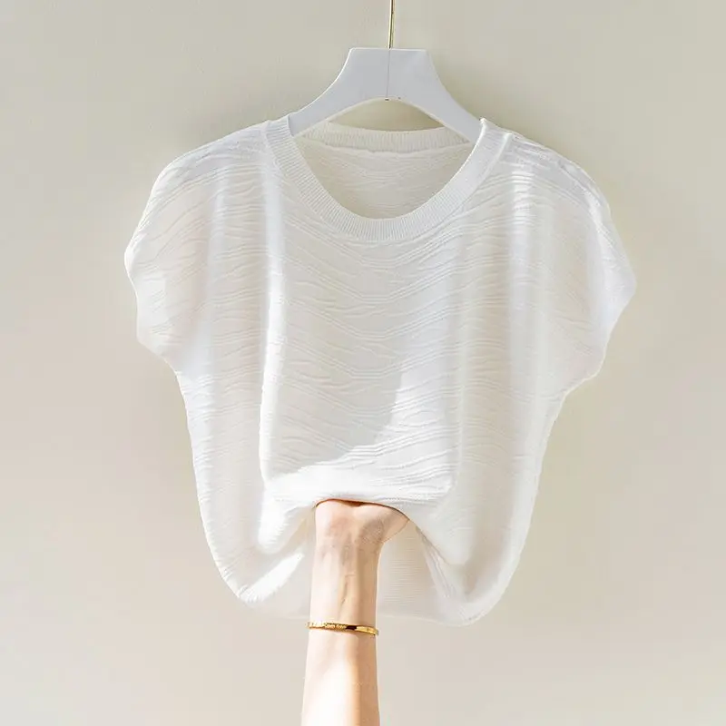 2025 New Summer Ice Silk Knitted T-shirt Women Round Neck Batwing Sleeve Solid Patchwork Slim Simple Versatile Loose Tee A243