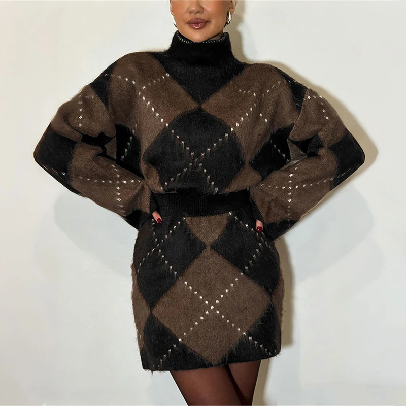 TARUXY Turtleneck Pullover Knit Sweater Skirt Women Suits Contrast Print Knitting Set Autumn Winter New Fashion Hot Girl Outfit