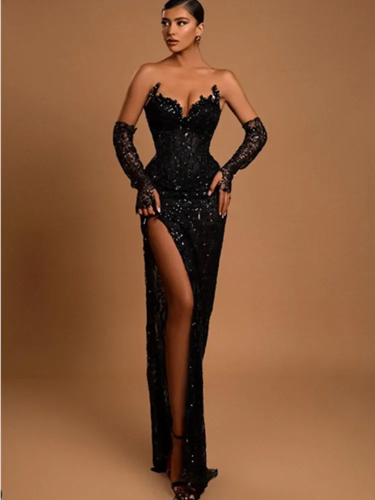 

Women Luxury Black Prom Gowns Sexy Strapless V Neck Embroidery Sequines Gilliter Split Maxi Long Dress with Gloves Party Dresses