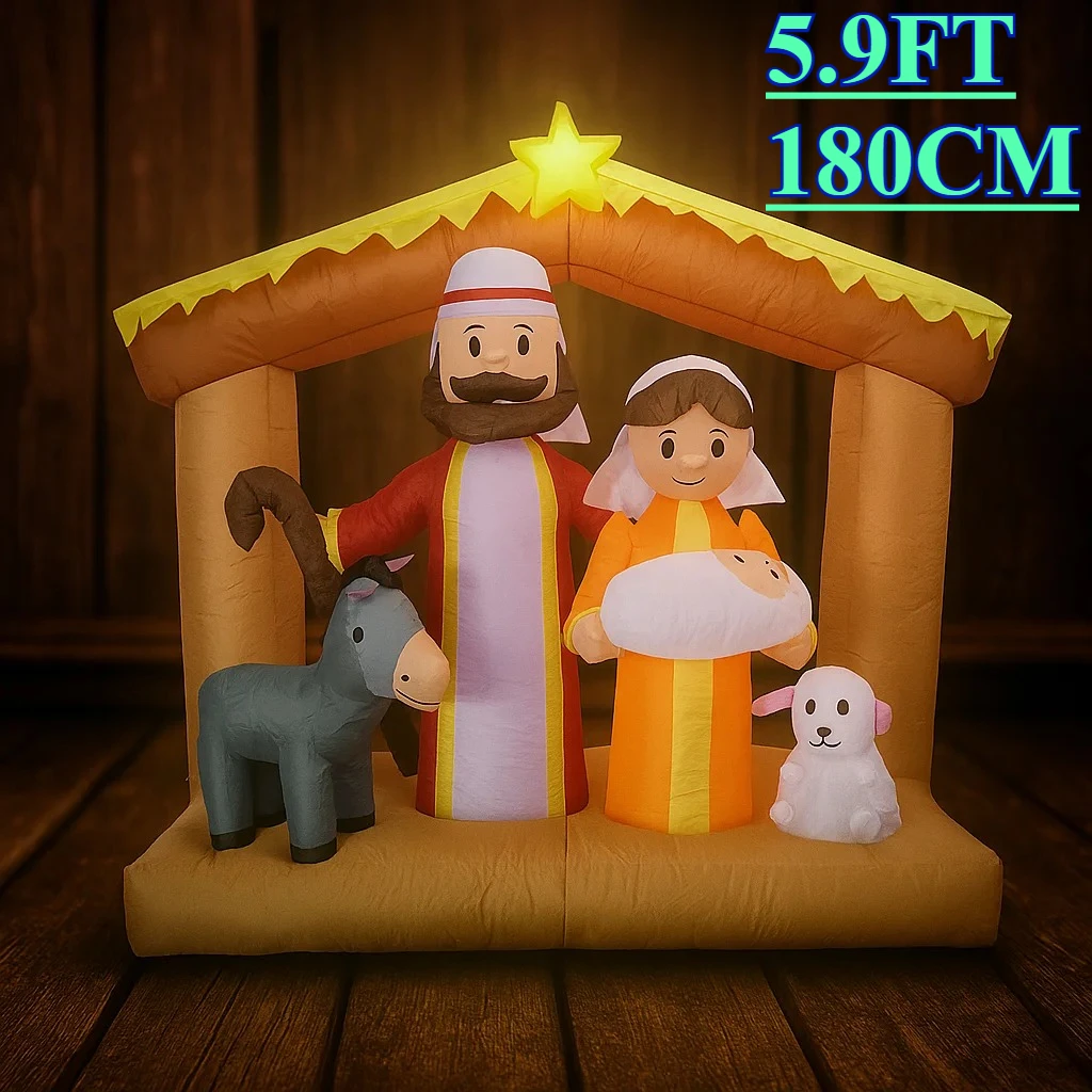 

5.9FT Xmas Yard Decoration Inflatable Christmas Holiday Nativity Scene Decor Holy Family Donkey Lamb LED Home Ornament Gift Toy