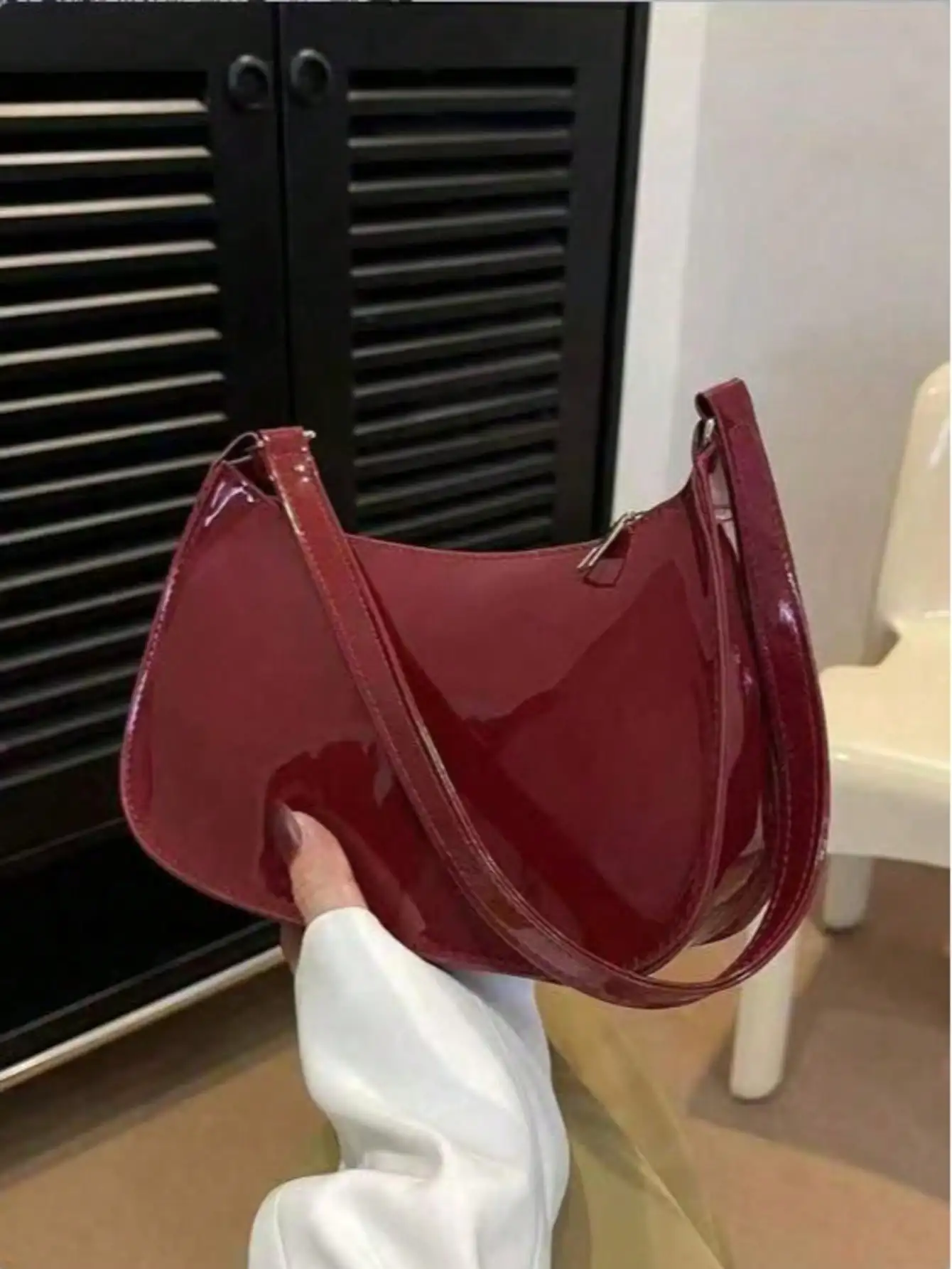 

Burgundy Glossy Faux Leather Crescent Shoulder Bag with Zipper Closure