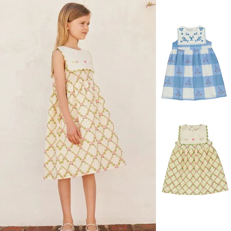 

2023 летнее новое детское клетчатое платье с цветочным принтом для девочек, милое платье принцессы с квадратным воротником для маленьких девочек