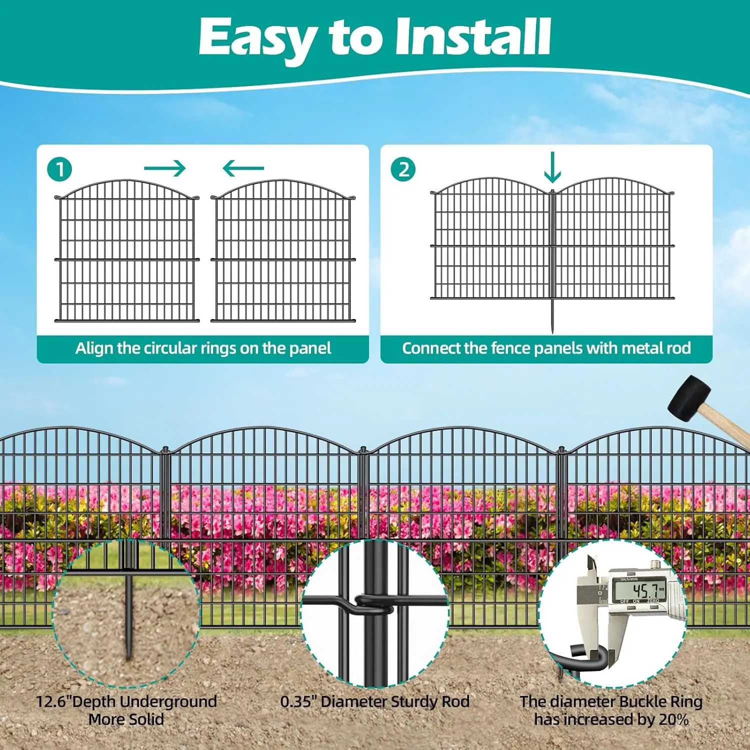 Metal Decorative Garden Fence, 15 Panels 32 in(H) X 38.4ft(L) No Dig Dog Animal Barrier for Patio, Animal Ground Stakes Fencing