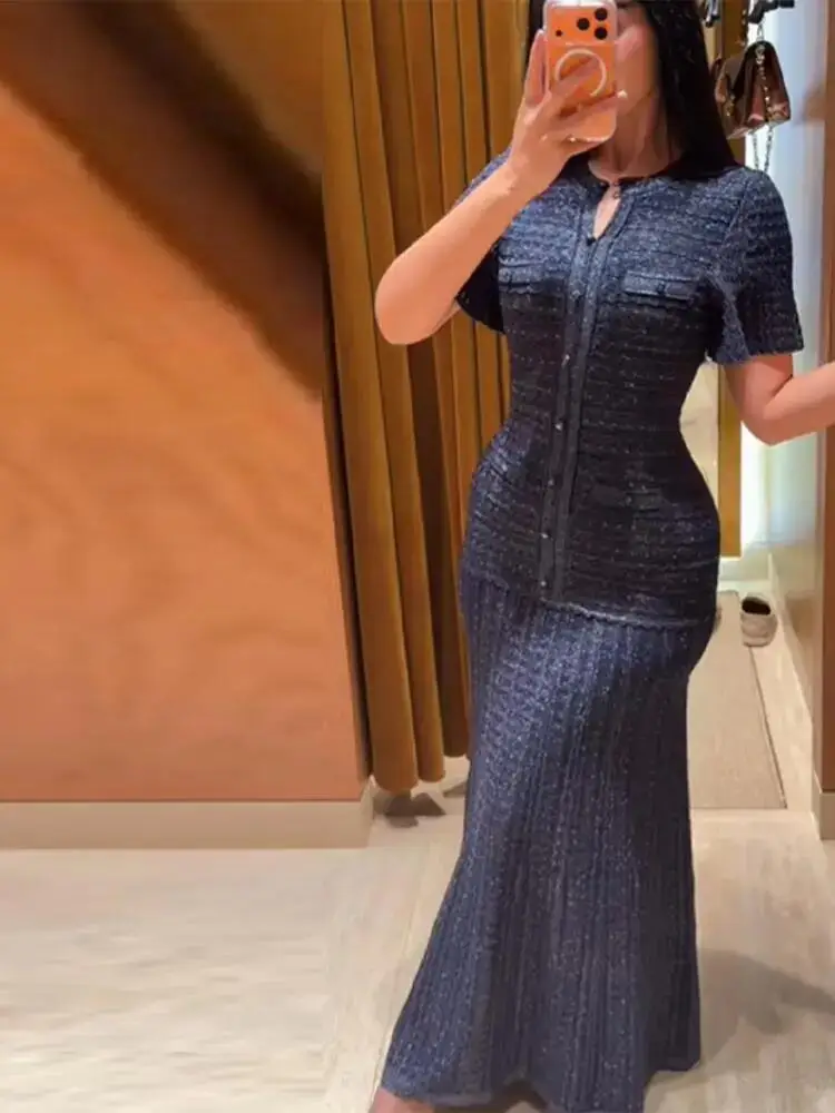 

Вязаное облегающее макси-платье женское с коротким рукавом, плиссированным подолом, длинное, для вечеринок, новинка 2026, уличный шик