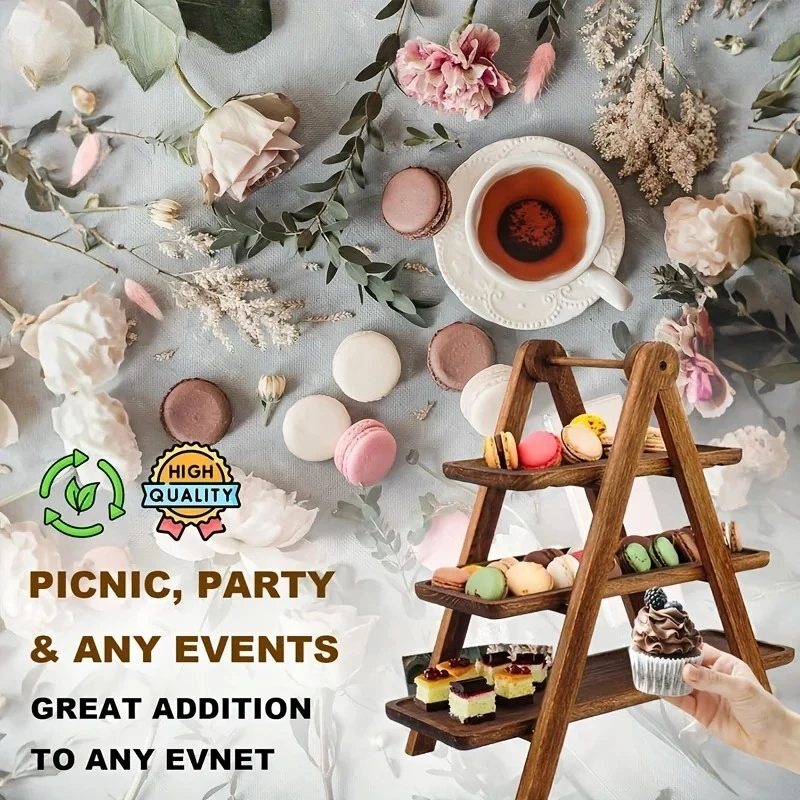 صينية تقديم من 3 طبقات، حامل كب كيك ثلاثي الطبقات، طبق تقديم مستطيل، صينية خشبية متدرجة، صينية تزيين بنية اللون #2