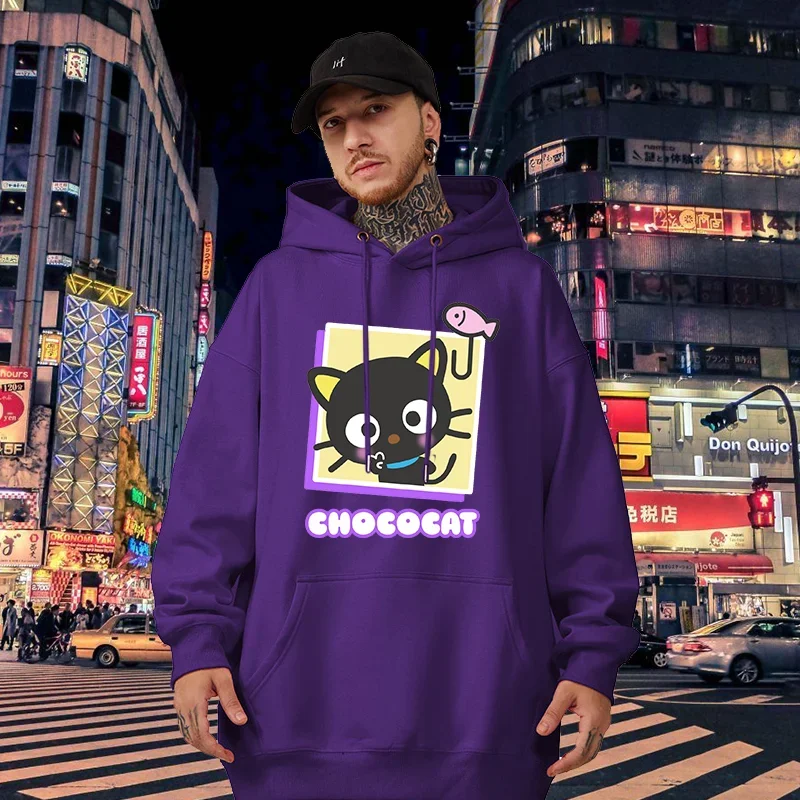 Sudaderas con capucha de Anime para hombres, sudaderas con bolsillo, gráficos Kawaii, Sanrio, Choco, Gato de dibujos animados, ropa de calle Popular informal, sudaderas diarias para hombres, Otoño e Invierno