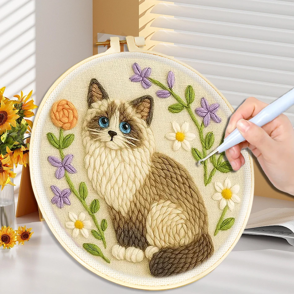 

Набор для вышивания в технике панч-нидл CHENISTORY 20x20 см с пяльцами, мотивы кошки и лисы, забавный набор для начинающих, для рукоделия и шитья