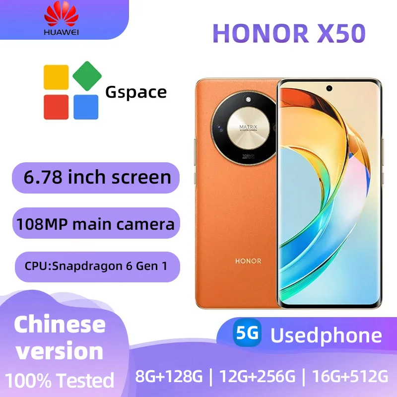 honor HONOR X50 5G Mobile phone 6.78inches 5800mAh Battery 108 MP main camera AMSnapdragon 6 Gen 1 OLED Original used phone