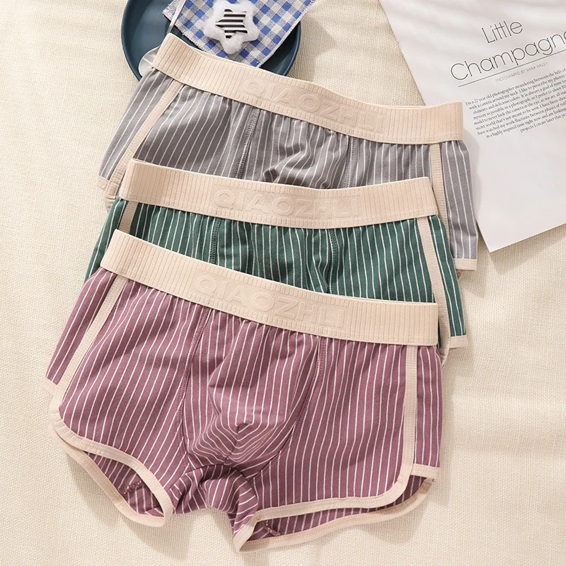 Men's Underwear 100% Cotton Men's Boxer Briefs Striped Mid-Rise Breathable Athletic Underwear Large Size Student Boxer Briefs