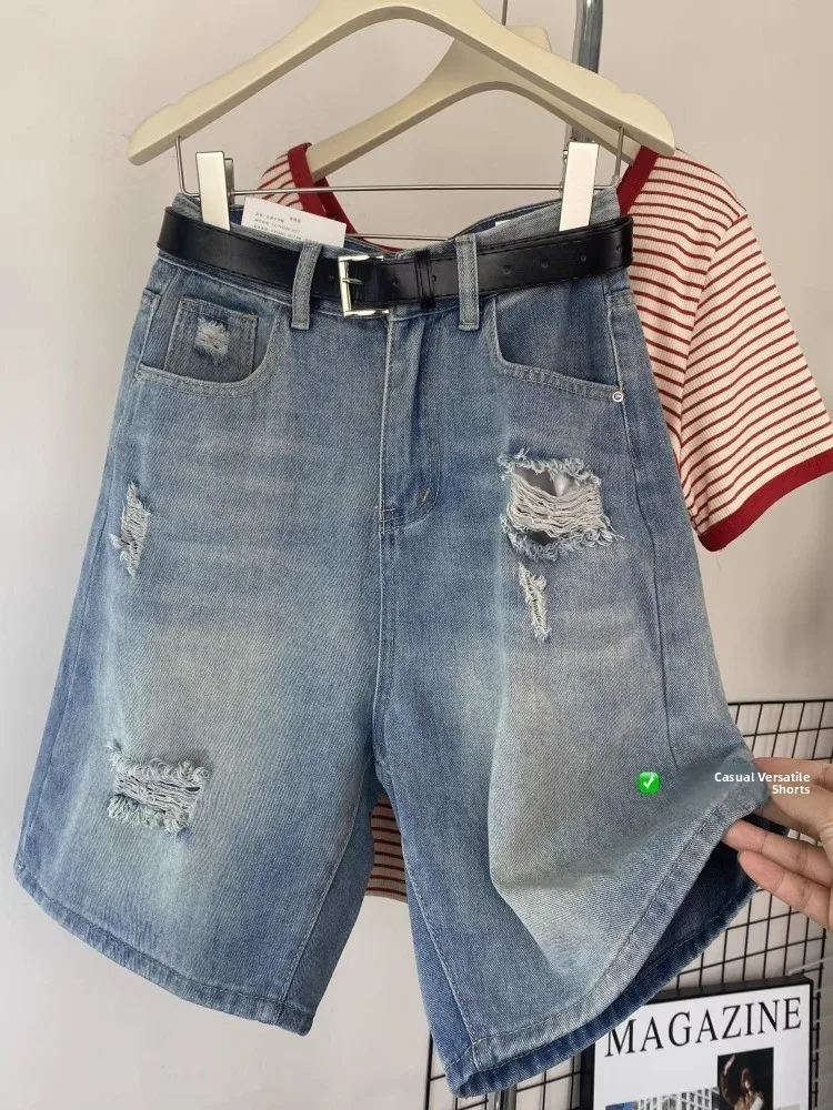 

Summer Trend High Waist Straight Leg Five-Quarter Denim orts Women's Loose Slimming Hole Wide Leg A-Line Mid-Length Pants