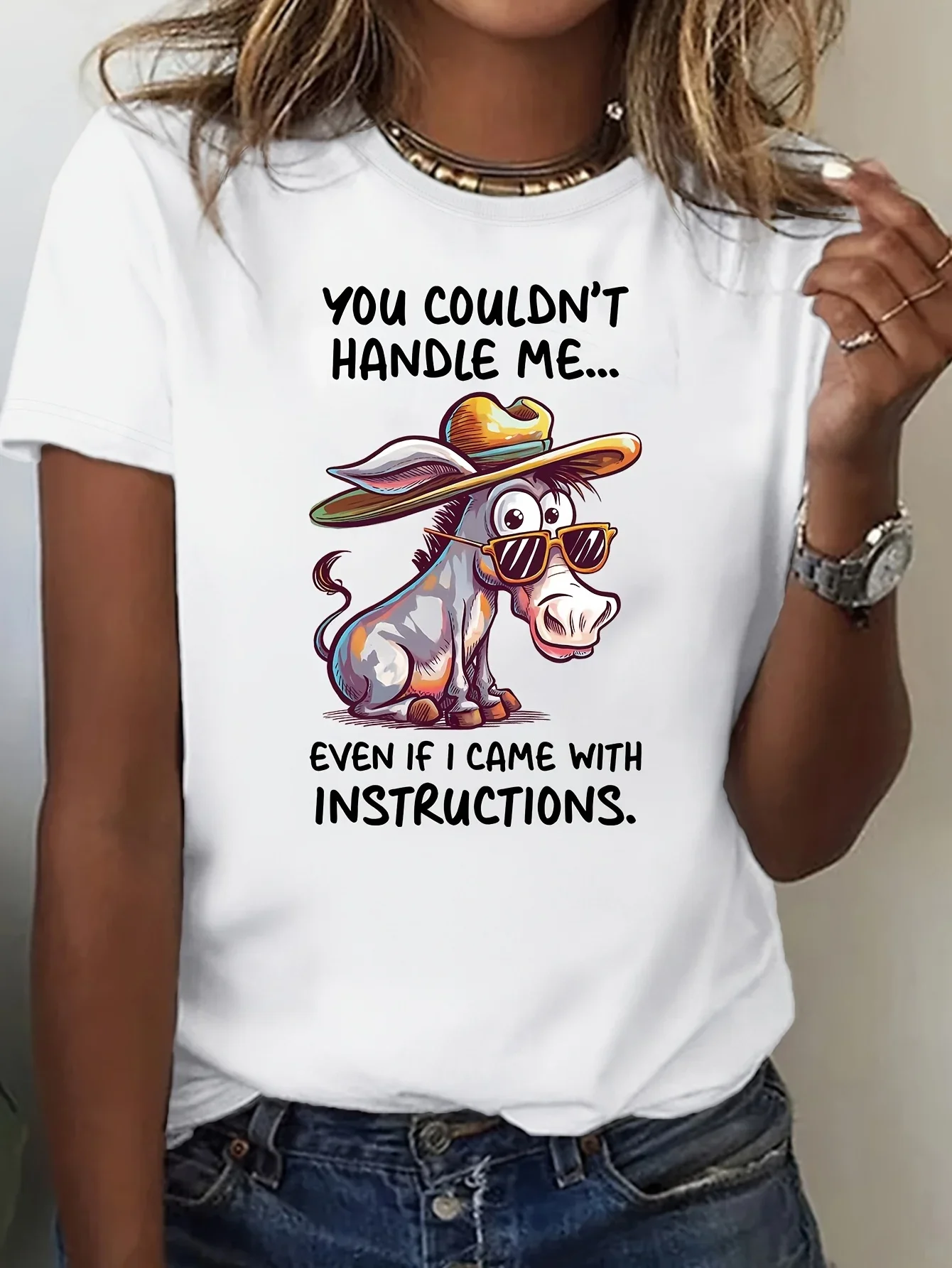 

Women’s Funny "You Couldn’t Handle Me" Cartoon Print Short Sleeve T-Shirt Comfortable & Breathable for Spring Summer