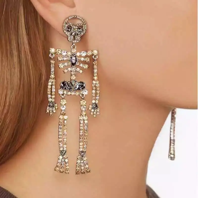 

Halloween Rhinestone Skeleton Dangle Earrings for Women Long Spooky Skull Gothic Dangle Earring Party Jewelry Accessories