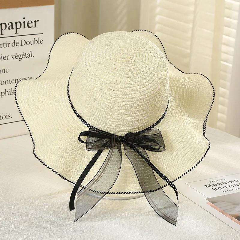 

Fashion Flat-topped Straw Hats Girls Wide Brim Sun Hat Outdoor Lace Bow Strap Lightweight Beach Caps Summer Q3