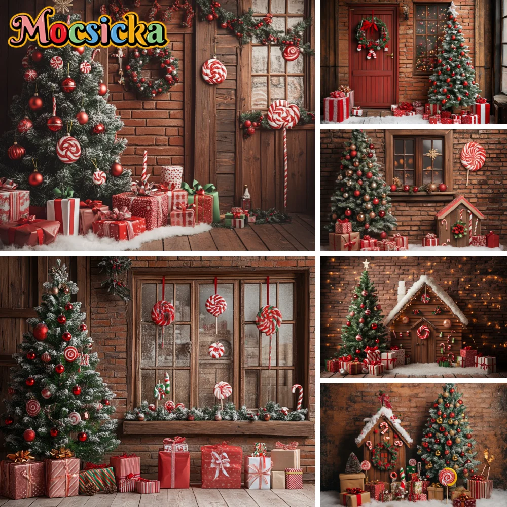 

Christmas Photography Backdrop Xmas Wooden House Candy Tree Decors Backdrop Kids Birthday Party Supplies Photo Background Studio