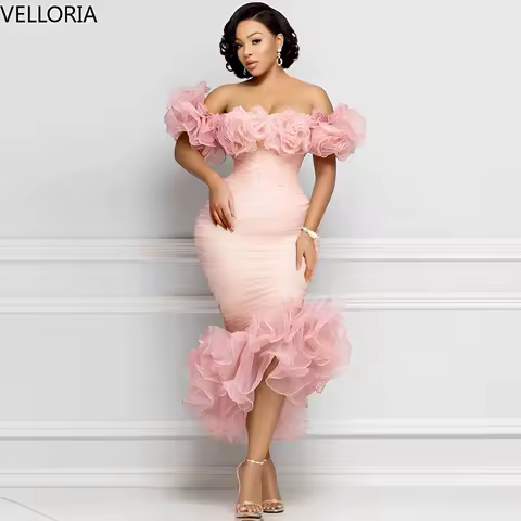 Pink Off Shoulder Prom Dress with Ruffles Sheath Aso Ebi Evening Gown Women Formal Party Dress Vestdos De Fiesta Customized