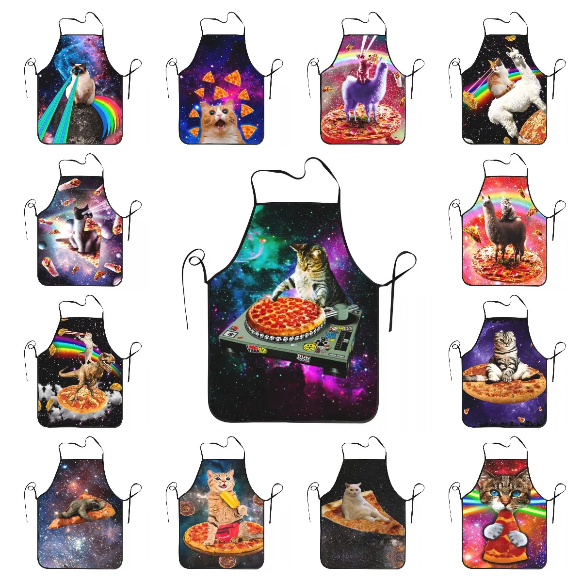 Space Dj Cat Pizza Apron Women Men Unisex Bib Cooking Kitchen Tablier Cuisine Chef Baking