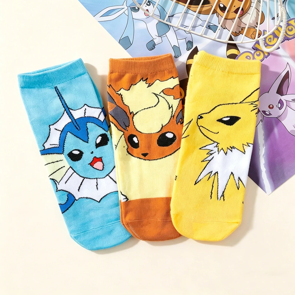 3 Paar neue japanische Cartoon-Pokémon-Baumwollsocken mit bedrucktem Muster für Damen, gestrickte Socken für den Sommer, lässige Vier-Jahreszeiten-Knöchelsocken – Detail 1