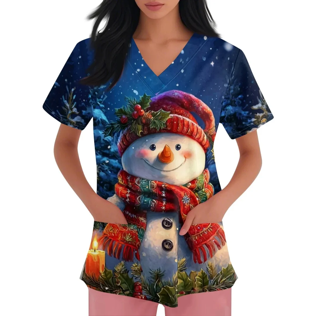 Nieuwe Sanitair Uniform Vrouw Kerstcollectie Print Modieuze V-hals Korte Mouw Hoge Kwaliteit Medische Uniformen Dames Top