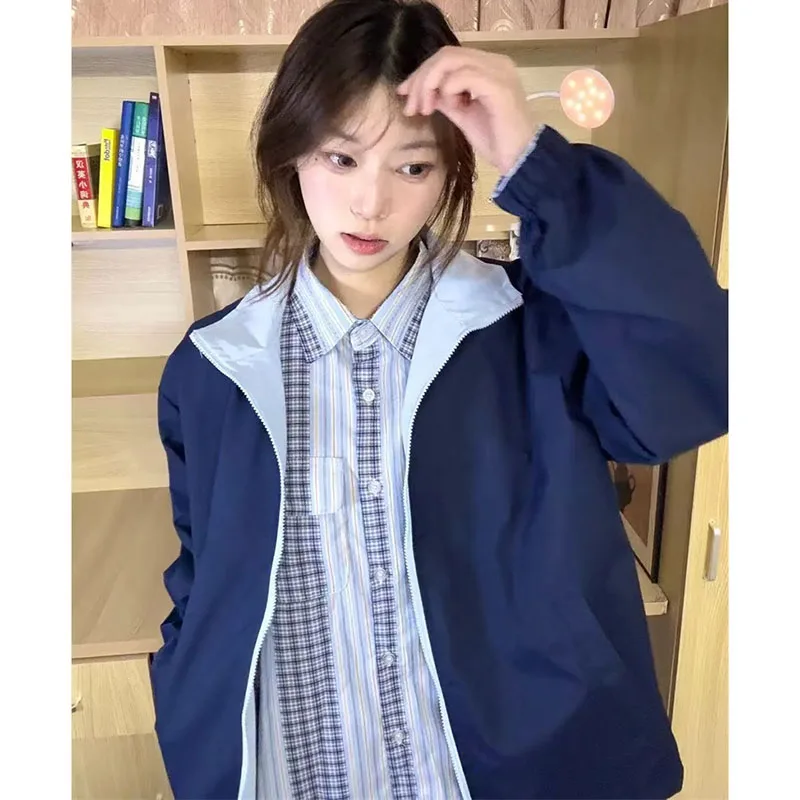 Korean Women Double Sided Outerwear Female Fashion Casual Patchwork Top Coat Spring Autumn Lady Long Sleeves Stormtrooper