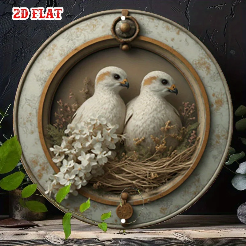 2D Flat Round Metal Sign Vintage Distressed Frame Two White Birds Nest White Hydrangea Flower Rustic Farmhouse Wall Decor Plaque