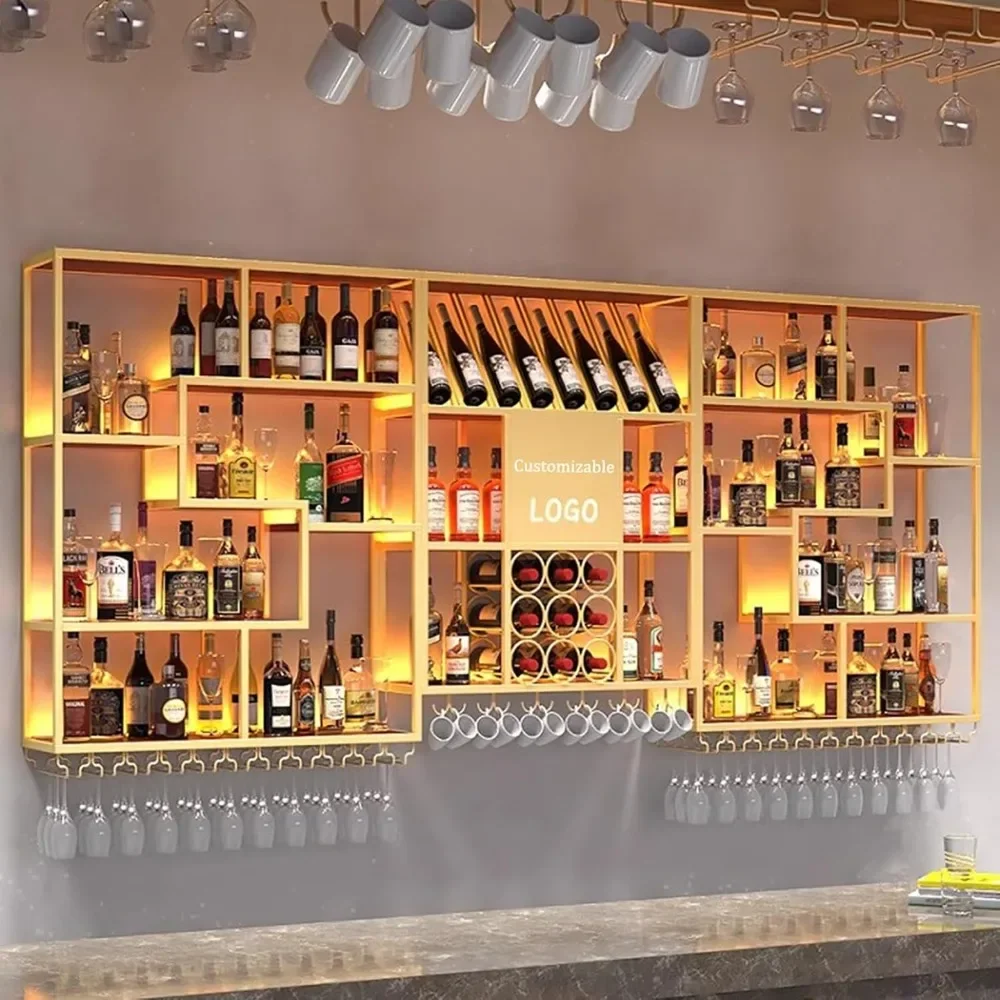 

Metal Wine Rack Bar Shelves With LED Light Wall Mounted Kitchen Storage With Wine Glass Holder Liquor Shelf Large Floating Bar L