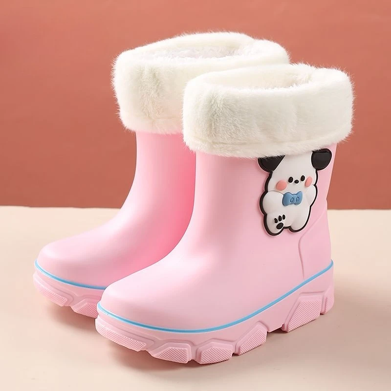 Kids Fleece Lined Waterproof Rain Boots Non Slip Cute Cartoon Design for Toddler Baby Girls Warm Winter Shoes