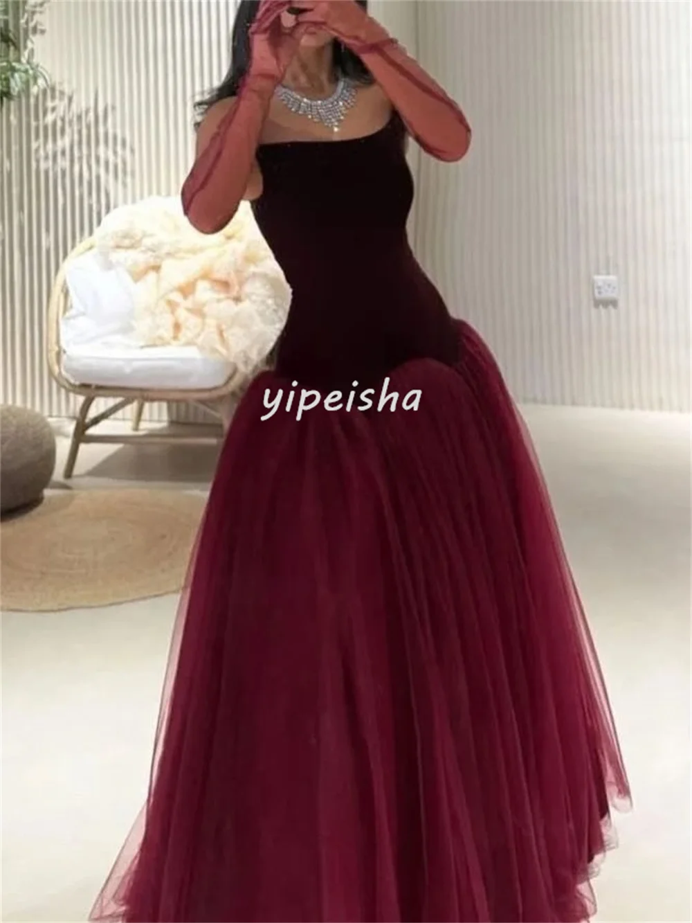 Maßgeschneiderte, passende, komplizierte Tüllfalte, A-Linie, trägerlose lange Kleider, maßgeschneiderte Anlasskleider, chinesischer Stil, Pastrol-Klassiker