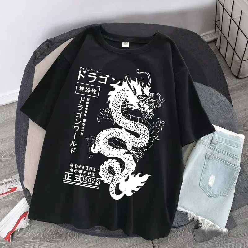 Dragon Fashion Women's Y2k Tops Harajuku print ladies T-shirt casual basics O-collar Black shirt short sleeve ladies T-shirts