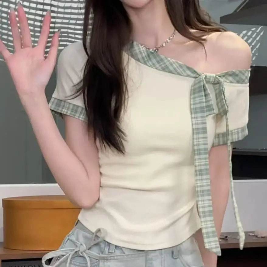 Sweet Style Patchwork Striped Bow-tie Short-sleeved T-shirt for Women, Summer Slim-fit Top