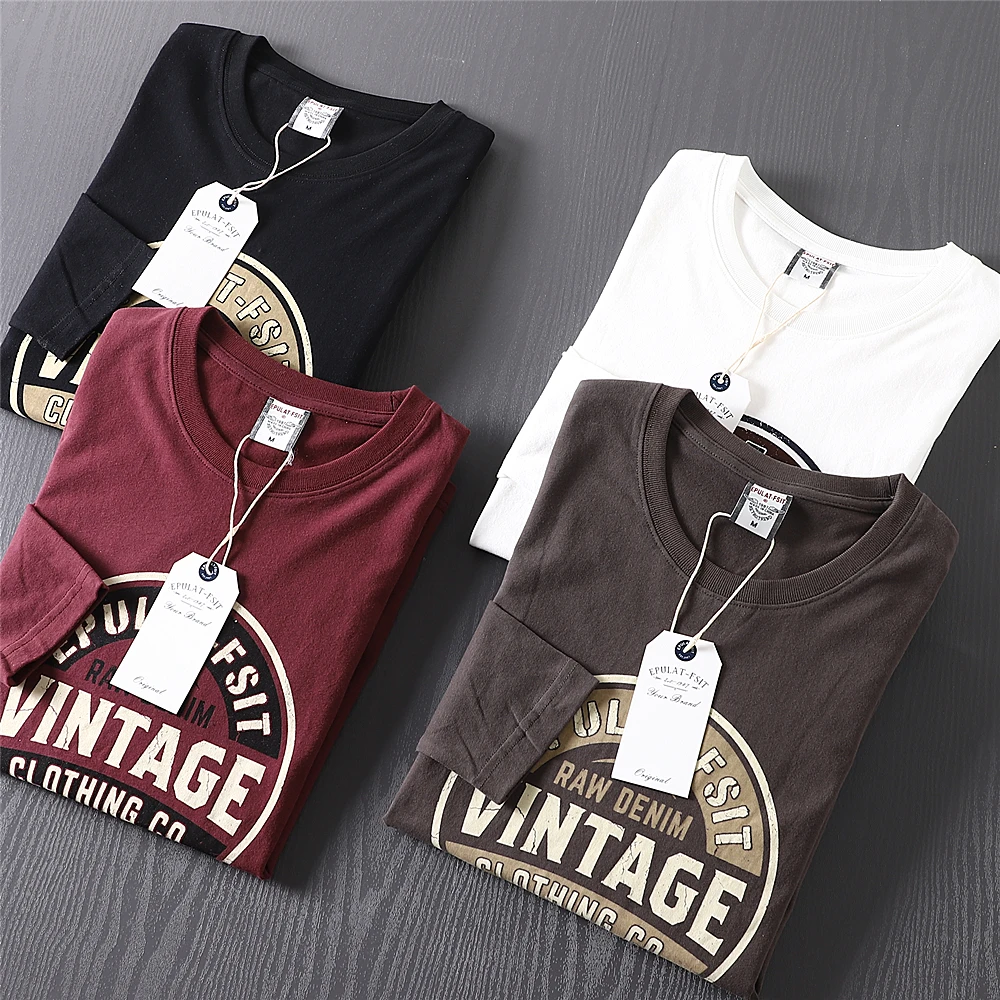 

2025 Autumn New American Retro Long-sleeved O-neck Letter Printed T-shirt Men's Fashion 100% Cotton Washed Casual Sport Tops