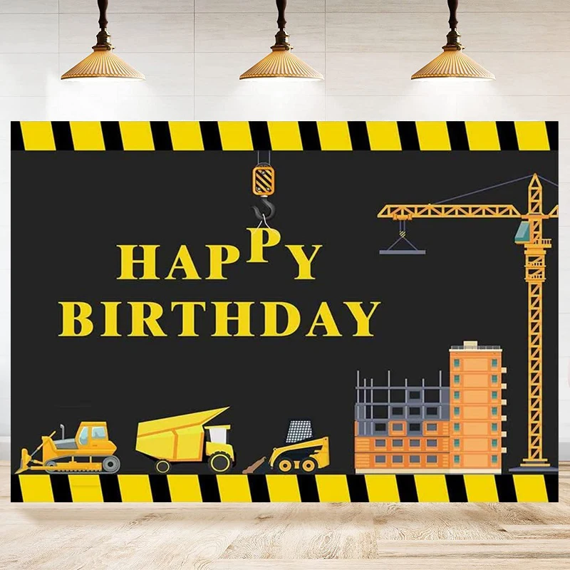 Construction Site Photography Backdrop Excavator Crane Cartoon Background Birthday Party Decorate Banner