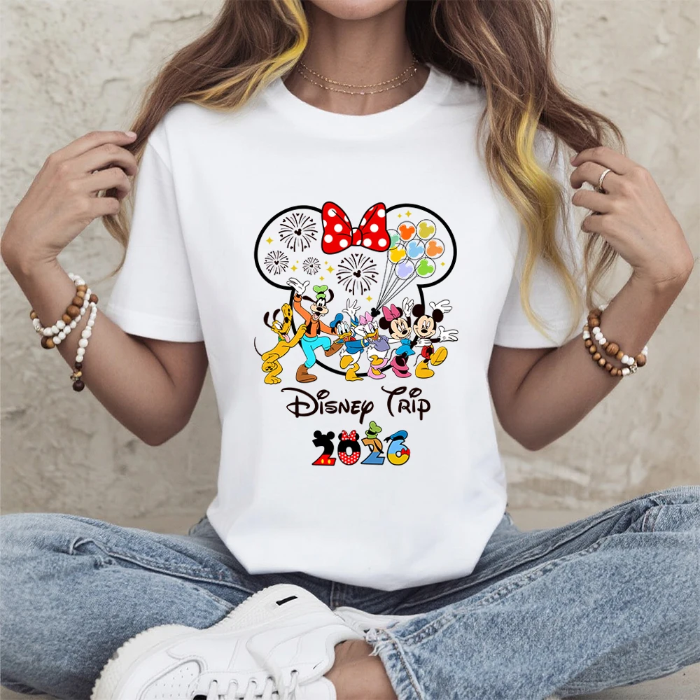 

2026 Summer Disney Classic Character Travel Theme 100% Cotton Printed Short-sleeved T-shirt Boys and Girls Parent-child Top
